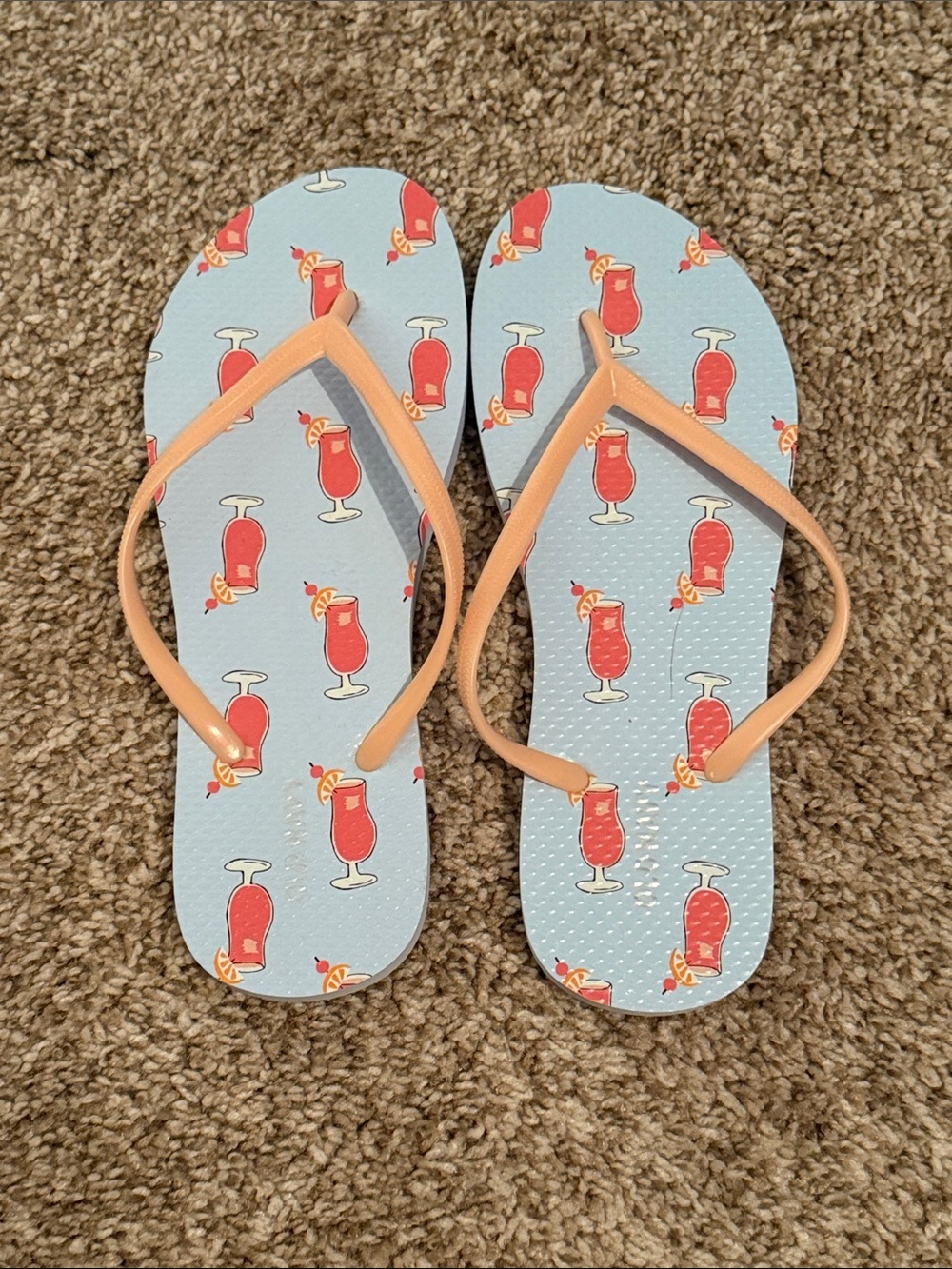 Old Navy Light Blue Flip Flop Sandals with Peach Straps and Red Drink Print